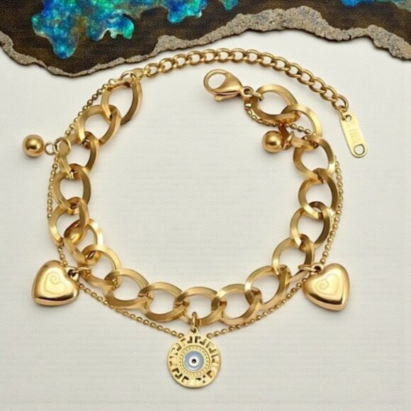 🆕️18K Gold Plated Stainless Steel Double Chain Bracelet Heart Evil Eye Charm 🌟 - Picture 7 of 9